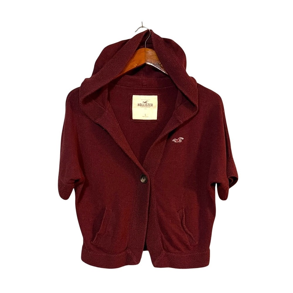 Hollister Womens Burgundy Hooded Button-Up Short-Sleeve Crop Cardigan Sweater